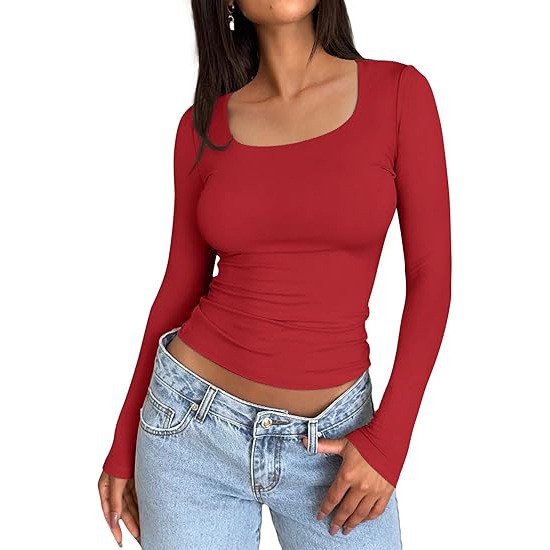 thumbnail image 2 of Top corto ajustado de manga larga para mujer: camiseta ajustada con cuello redondo, poliéster y spandex, diseño básico liso para hacer ejercicio, yoga y estilo informal., 2 of 5